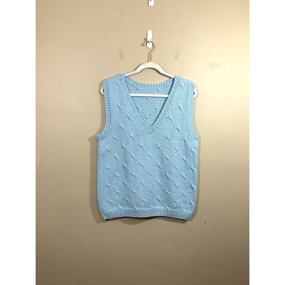 Vintage Womens Hand Knit V-Neck Sweater Vest L Blue Preppy Academia Granny Retro